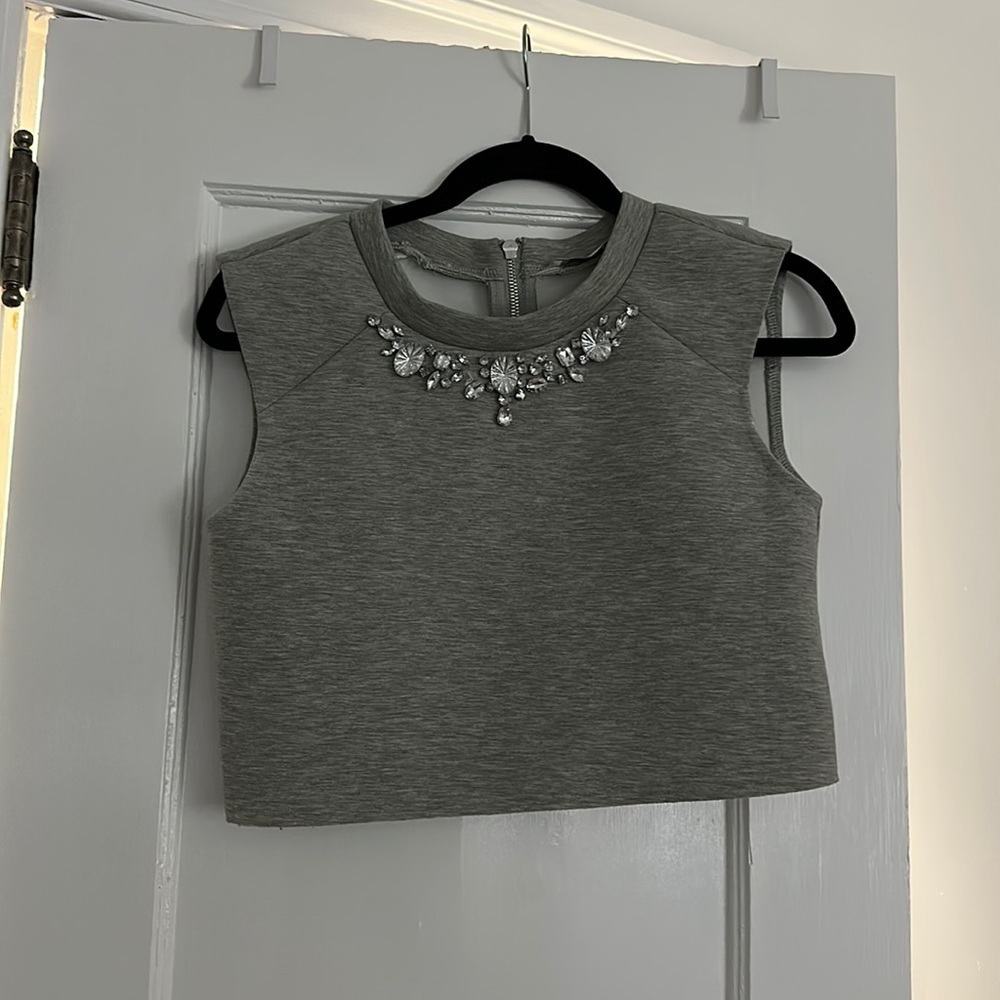 Lucy Paris | Lucy Paris Short Sleeved Gray Jewel Zipper Top- Size Small